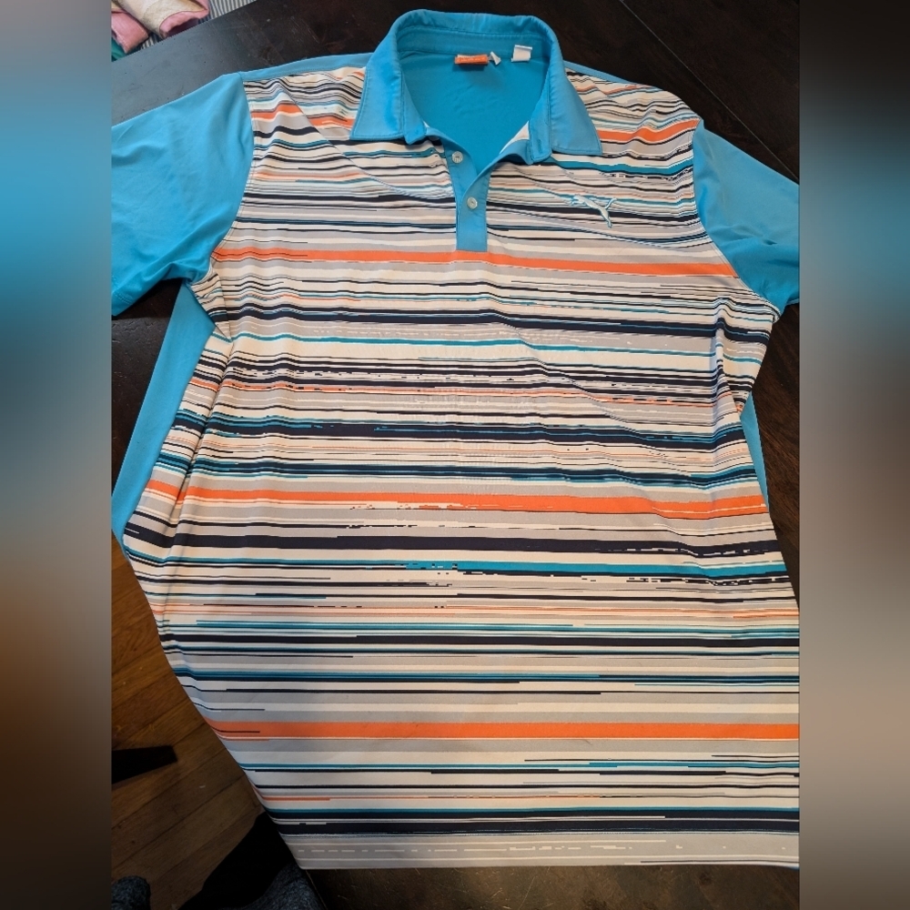 Puma Men's XL Golf Polo Shirt, Blue w/ Bright orange/white stripe detail